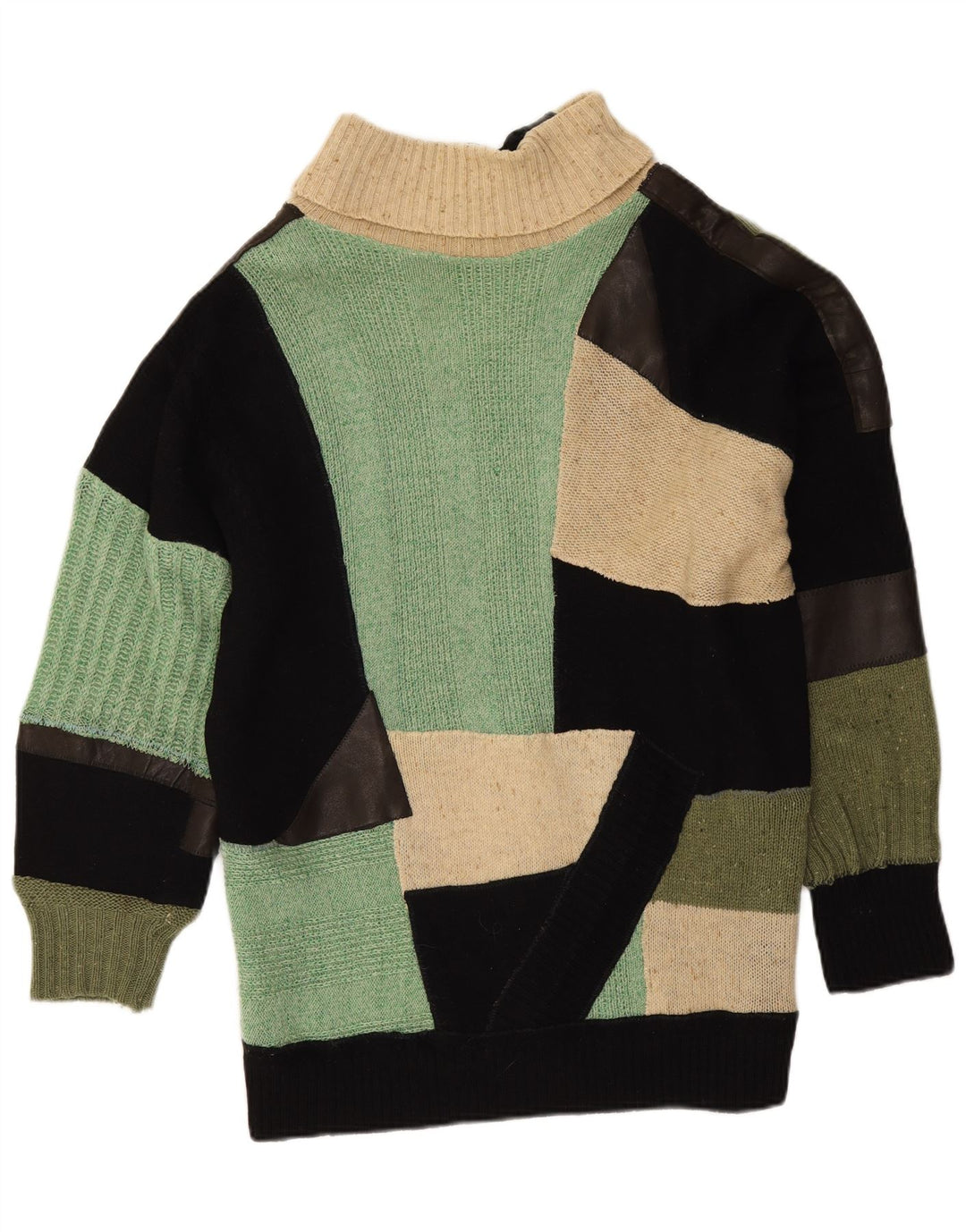 Sweter damski w stylu vintage z wywijanym dekoltem UK 14, duży, wielobarwny patchwork