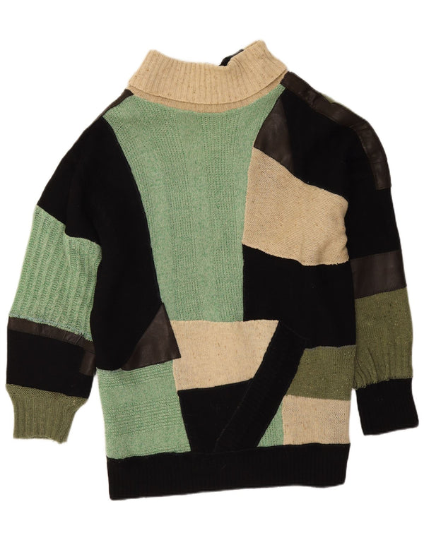 Sweter damski w stylu vintage z wywijanym dekoltem UK 14, duży, wielobarwny patchwork