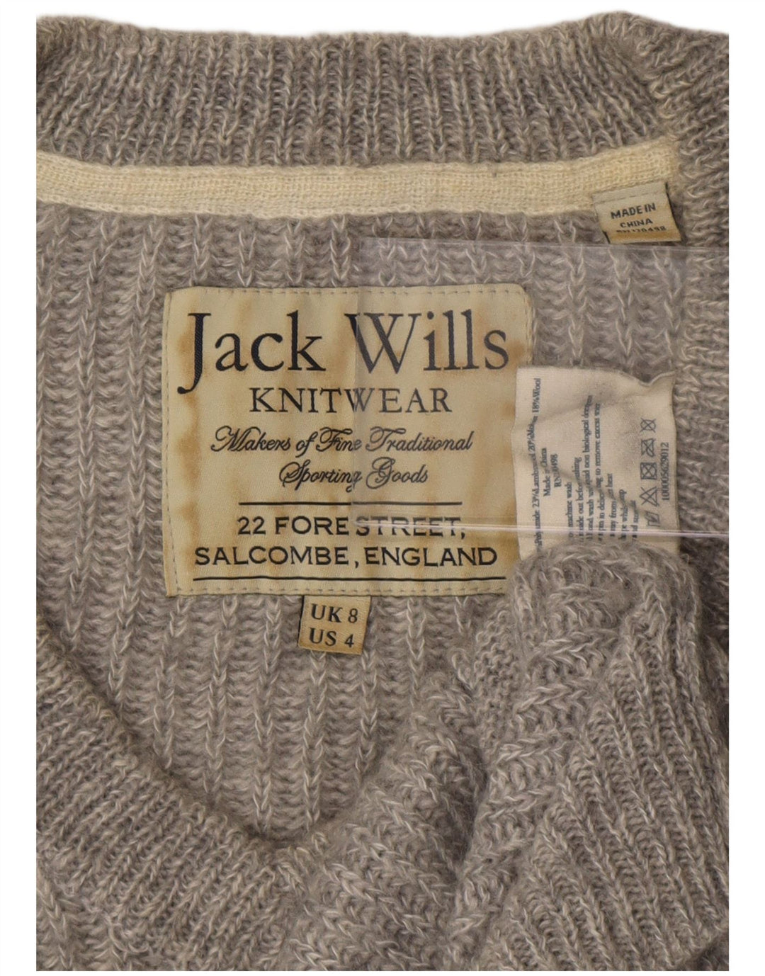 Sweter damski Jack Wills z dekoltem w kształcie litery V, UK 8, mały, szary poliester