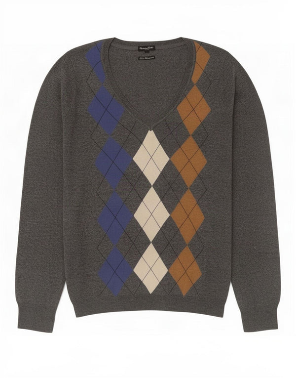 Sweter damski Massimo Dutti z dekoltem w kształcie litery V, UK 16, duży, szary, argyle/diament