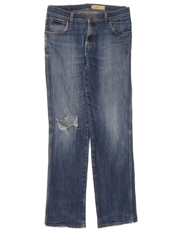 Damskie jeansy Wrangler Texas Stretch w trudnej sytuacji, proste W32 L32, niebieska bawełna