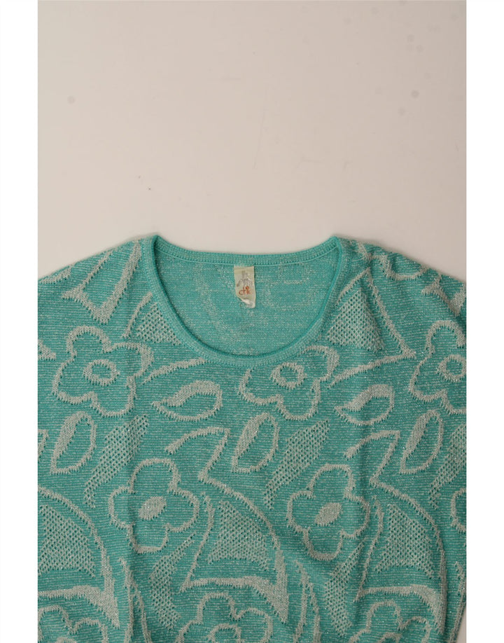 Damski sweter z okrągłym dekoltem w stylu VINTAGE IT 42 Średni niebieski w kwiaty