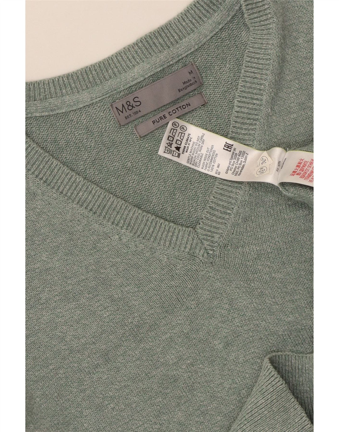 MARKS & SPENCER Męski sweter z dekoltem w kształcie litery V, bawełniany w kolorze średniej zielonej plamki