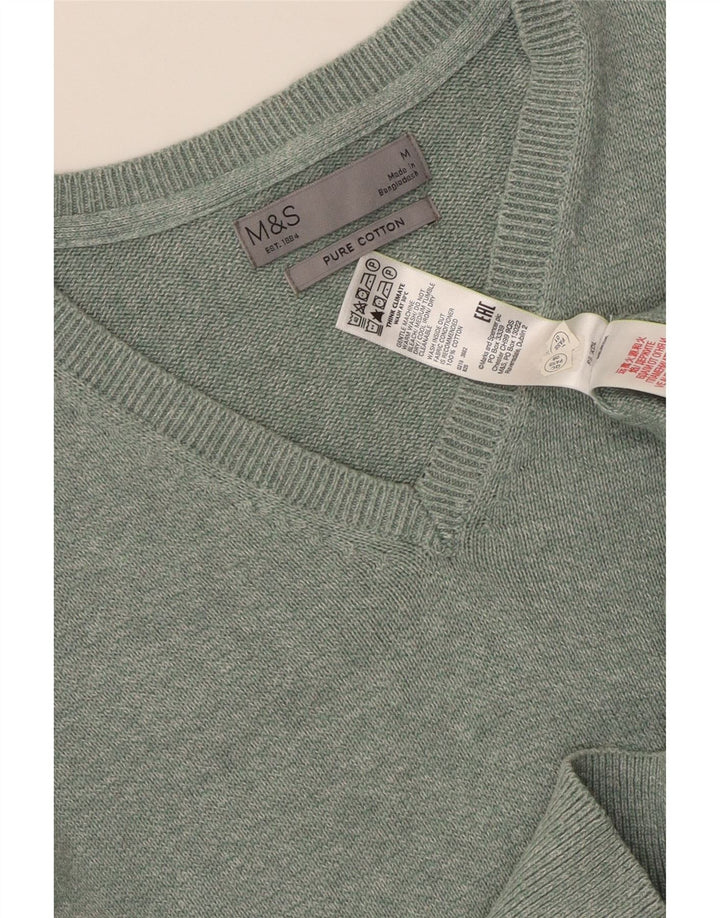 MARKS & SPENCER Męski sweter z dekoltem w kształcie litery V, bawełniany w kolorze średniej zielonej plamki