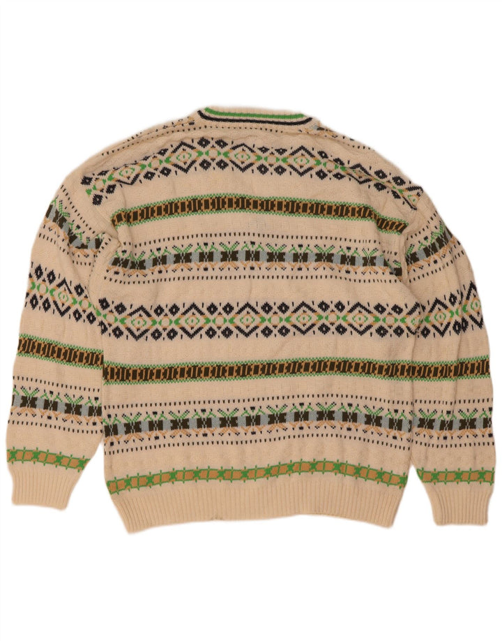 Męski sweter w stylu vintage z dekoltem w szpic, średniej wielkości biała geometryczna bawełna