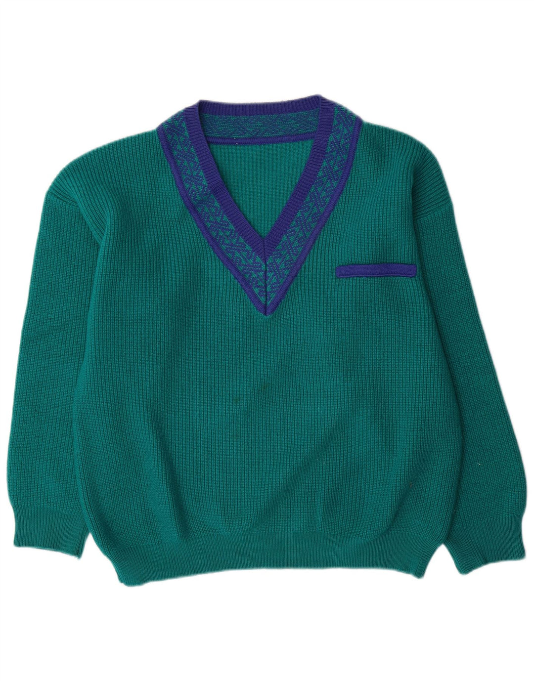 Vintage męski sweter z dekoltem w szpic, duży, zielony, geometryczny wełniany