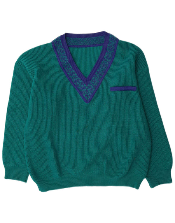 Vintage męski sweter z dekoltem w szpic, duży, zielony, geometryczny wełniany