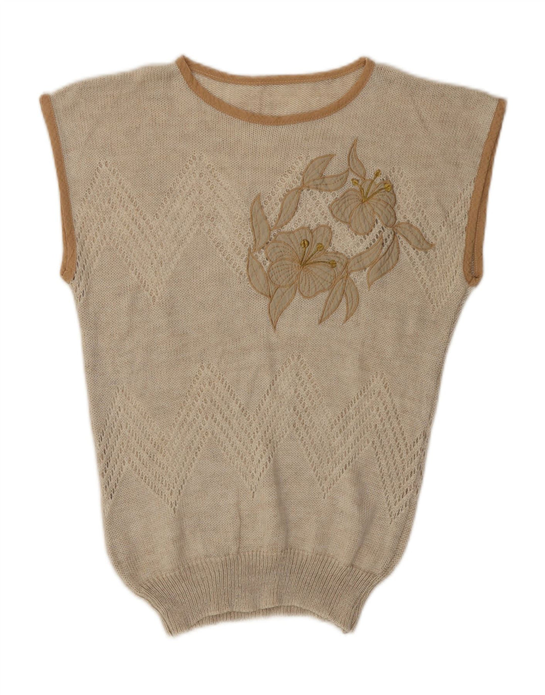 Vintage damski podkoszulek z kamizelką UK 12 średni beżowy kwiatowy akryl