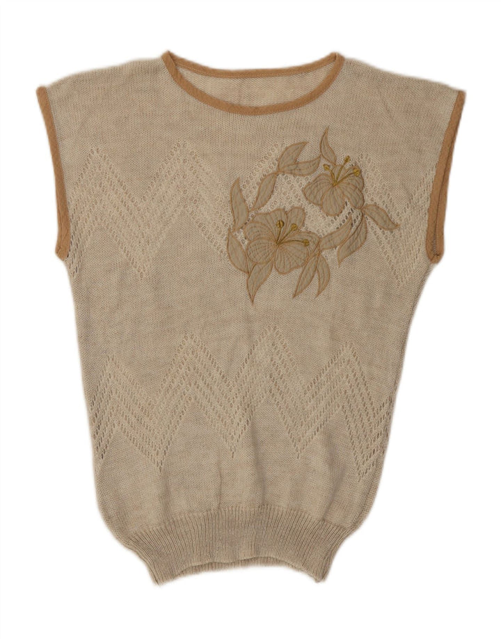 Vintage damski podkoszulek z kamizelką UK 12 średni beżowy kwiatowy akryl