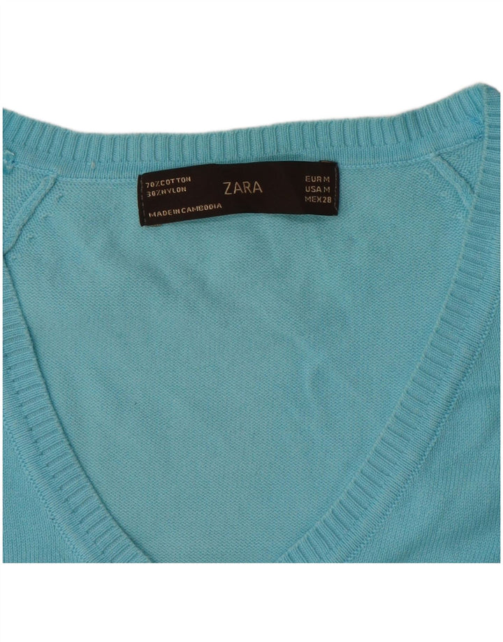 Sweter damski Zara z dekoltem w kształcie litery V, UK 12, średni niebieski, bawełniany