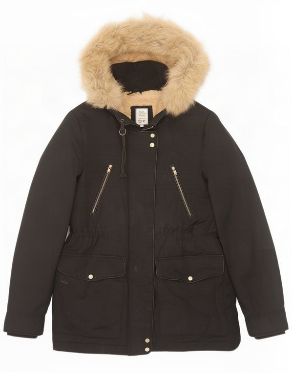 Damska kurtka Zara Trafaluc z kapturem Sherpa Parka UK 10, mała, czarna, akrylowa
