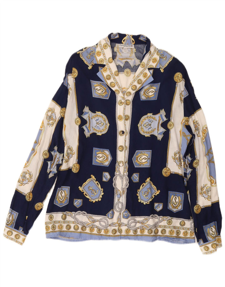 Damska bluzka koszulowa VINTAGE w abstrakcyjny wzór UK 14 Średni granat