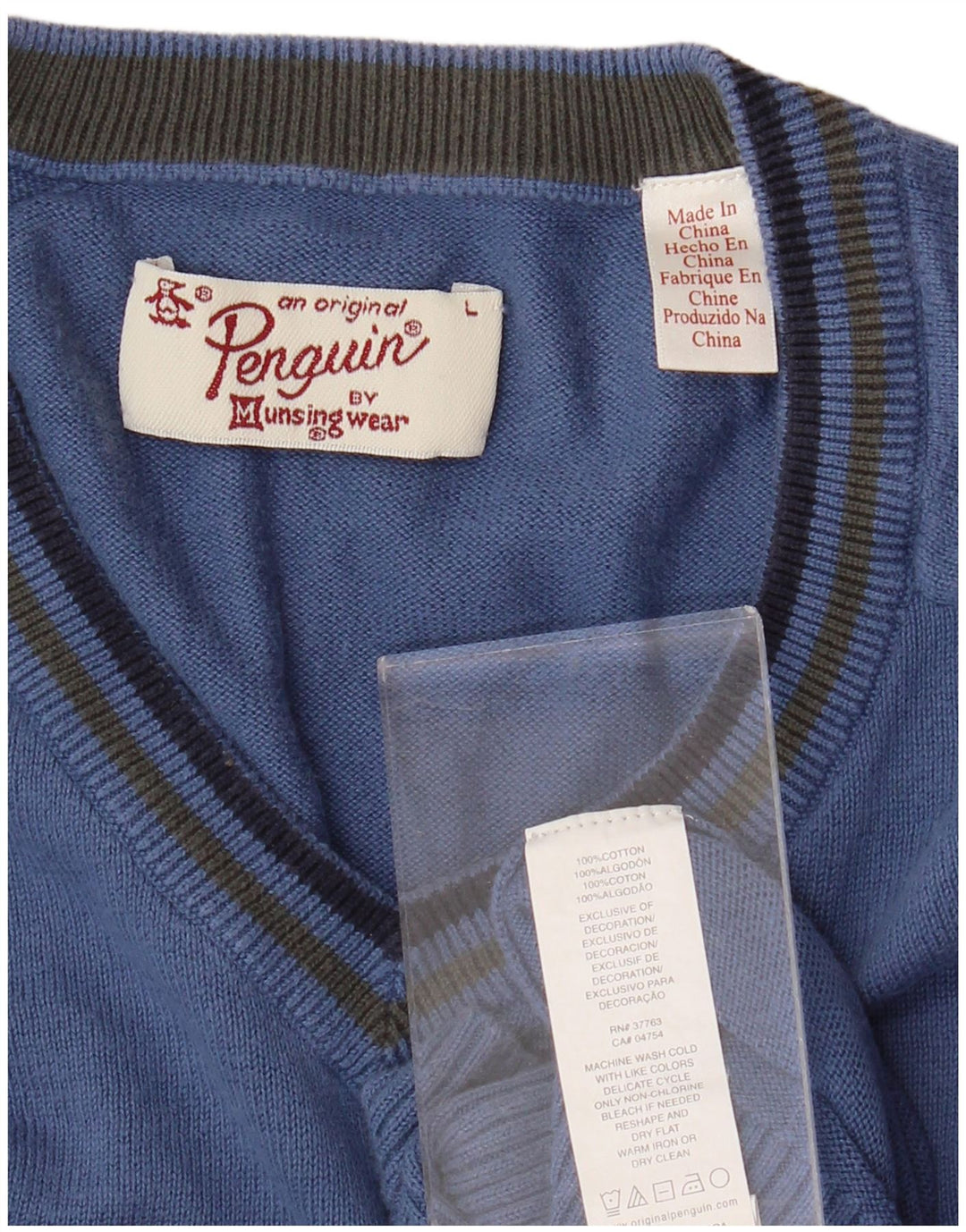 PENGUIN Męski sweter z dekoltem w kształcie litery V, duży, niebieski, bawełniany