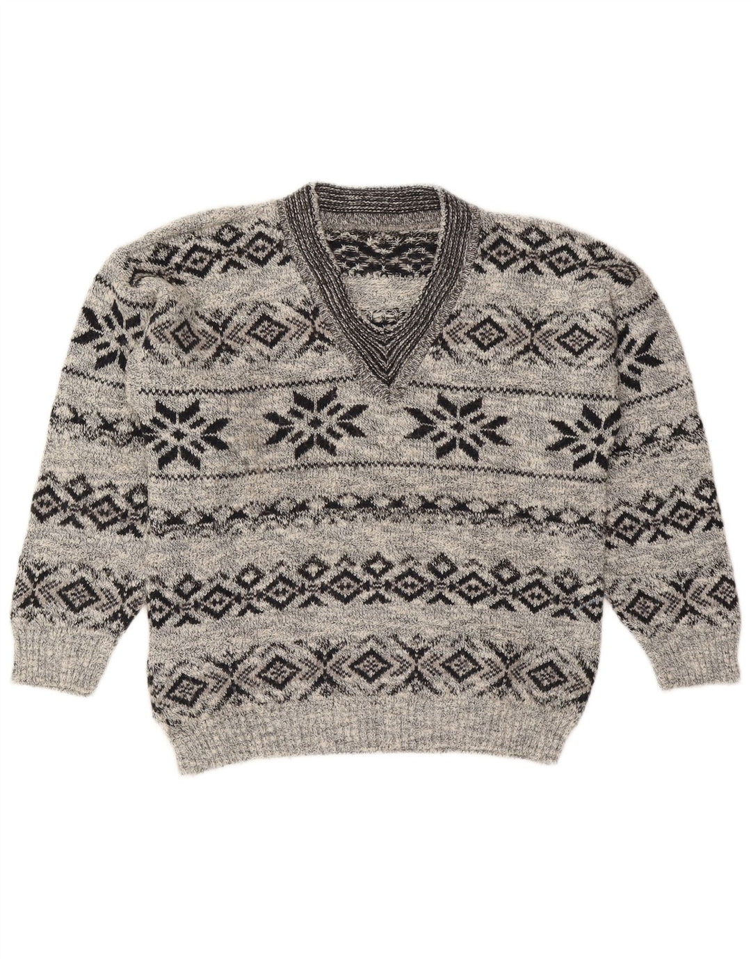 Męski sweter w stylu VINTAGE, z dekoltem w szpic, średnio szary, z wełny Fair Isle