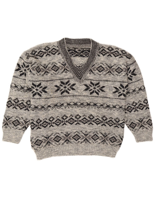 Męski sweter w stylu VINTAGE, z dekoltem w szpic, średnio szary, z wełny Fair Isle