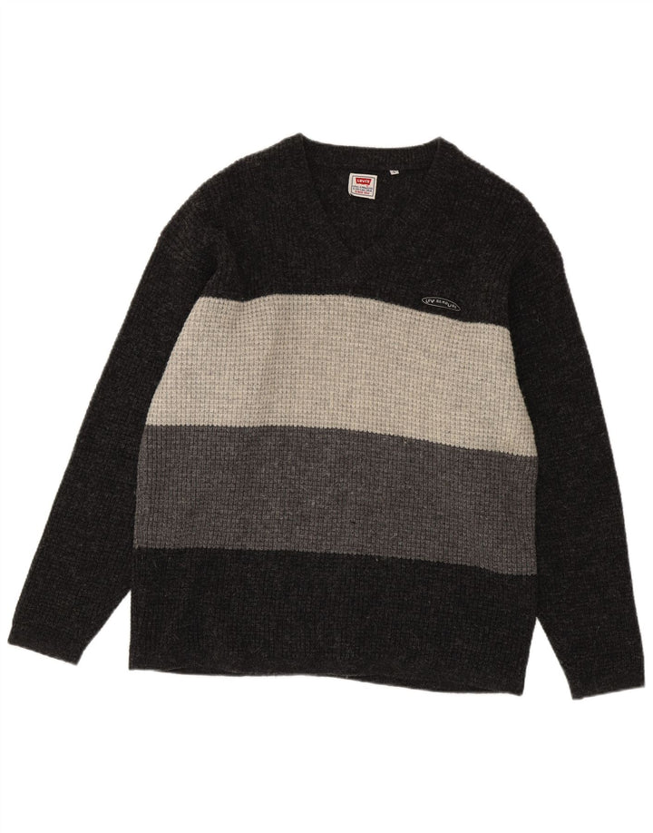 Męski sweter Levi's z dekoltem w kształcie litery V, duży, szary, z czystej wełny z blokami kolorów
