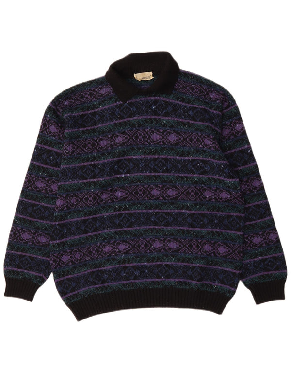 Męski sweter polo w stylu vintage, duży, wielokolorowy, wełniany Fair Isle