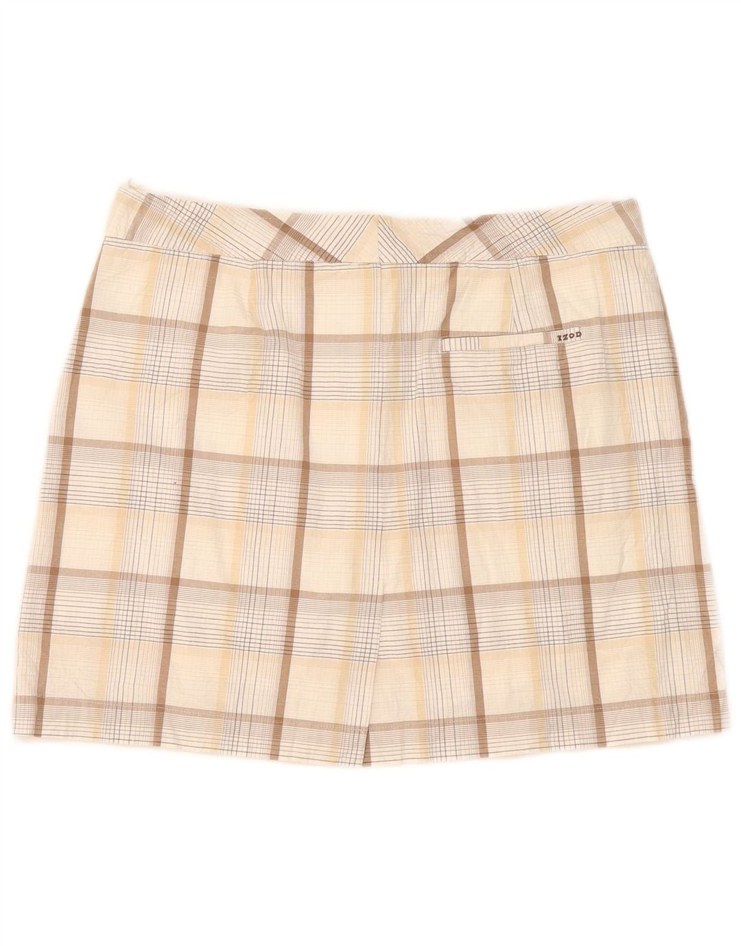 Damska spódnica mini ze stretchem Izod US 8 Medium W32, beżowa, bawełniana w kratkę
