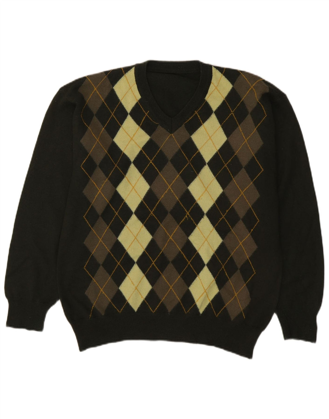 Vintage męski sweter z dekoltem w kształcie litery V, średnio zielony Argyle/diament