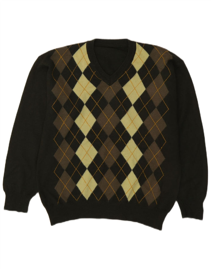 Vintage męski sweter z dekoltem w kształcie litery V, średnio zielony Argyle/diament