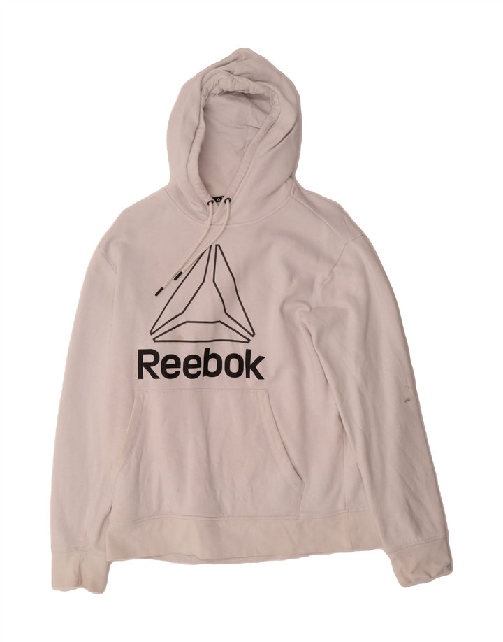 REEBOK Mens Graphic Hoodie Jumper Medium White Cotton Vintage Reebok and Second-Hand Reebok from Messina Hembry 