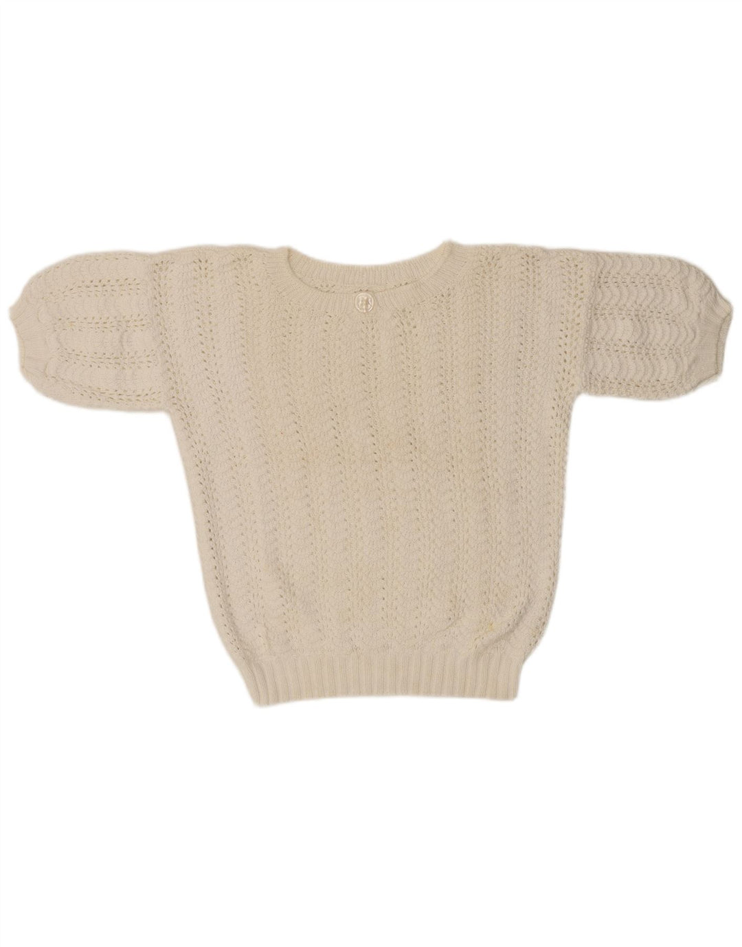 Damski sweter z krótkim rękawem i okrągłym dekoltem w stylu VINTAGE UK 14 Średni biały