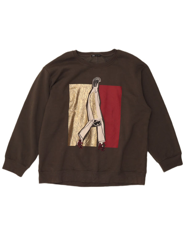 Zara Womens Graphic Oversized Sweatshirt Jumper UK 18 XL Khaki Cotton