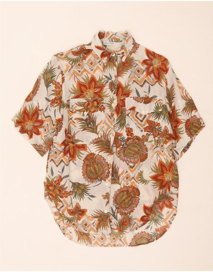 Vintage damska koszula z krótkim rękawem EU 42, duża w kolorze złamanej bieli, w kwiaty