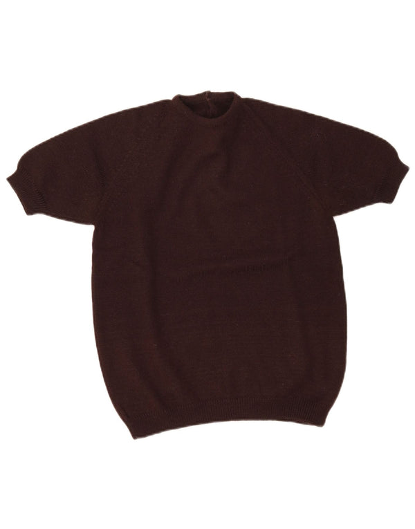 Sweter damski w stylu vintage z krótkim rękawem i okrągłym dekoltem UK 8 Small Brown