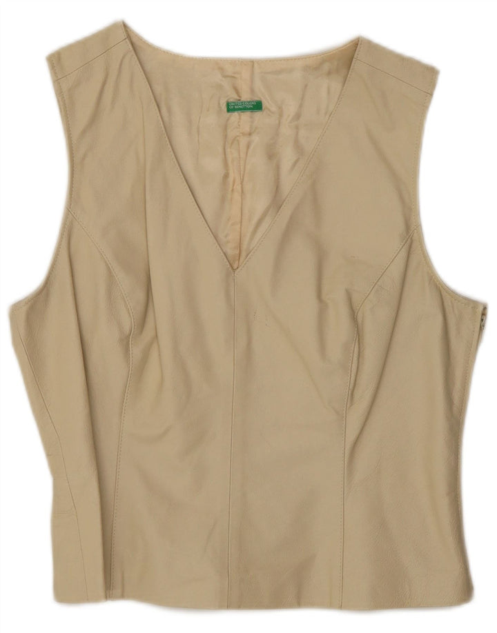 BENETTON Womens Leather Waistcoat UK 8 Small Beige