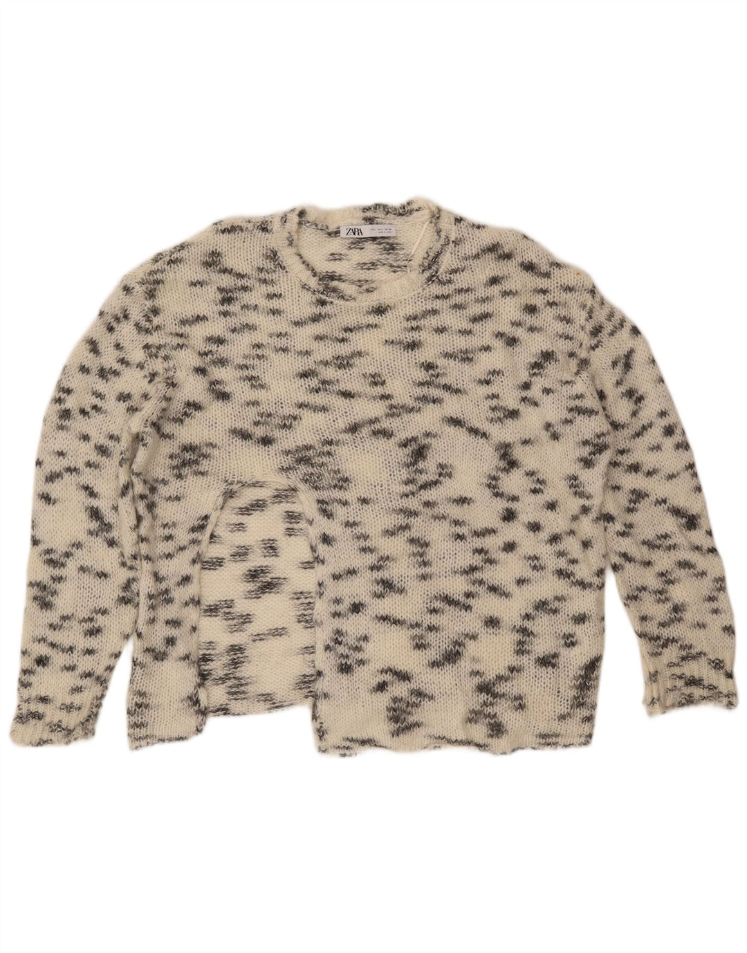 Damski sweter ZARA z okrągłym dekoltem UK 16, duży, w kolorze złamanej bieli, nakrapiany