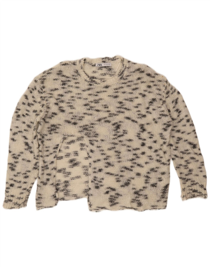 Damski sweter ZARA z okrągłym dekoltem UK 16, duży, w kolorze złamanej bieli, nakrapiany