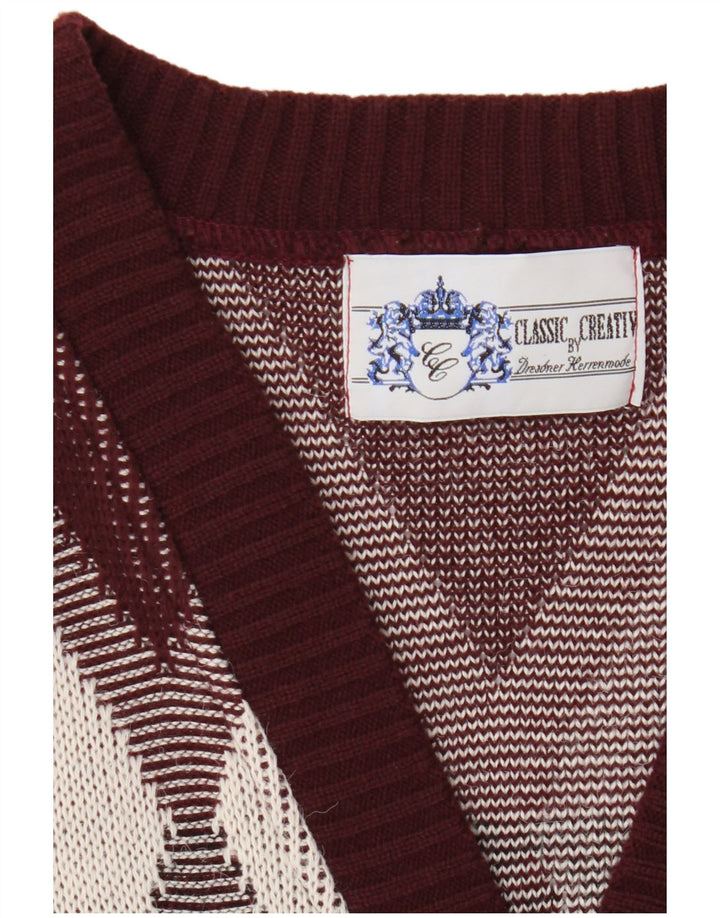 Vintage męski sweter rozpinany, duży, bordowy Argyle/diament