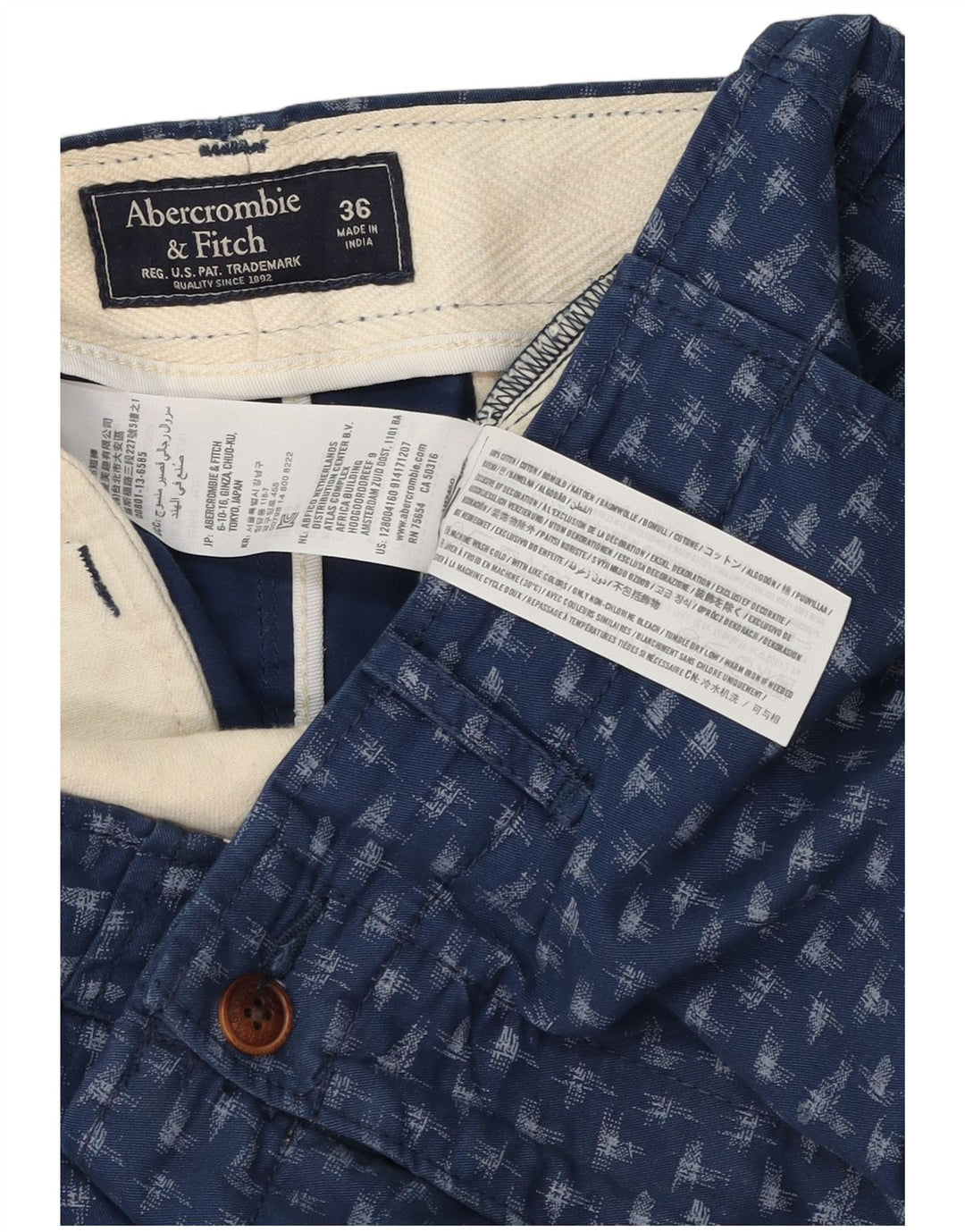 Męskie spodenki chino Abercrombie & Fitch w abstrakcyjny wzór W36, duże, granatowe