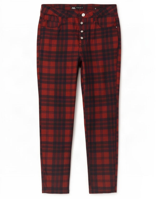 Damskie spodnie typu slim casual Zara EU 42 Large W32 L27 Czerwona bawełniana krata
