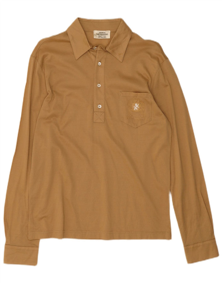 Męska koszulka polo z długim rękawem w stylu vintage, średnio beżowa