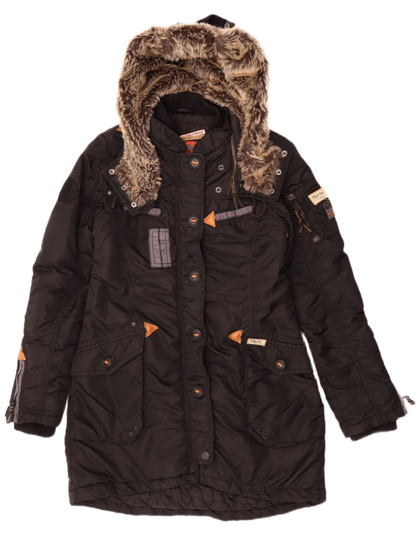 Damski ocieplany płaszcz z kapturem KHUJO UK 14, średni czarny poliester