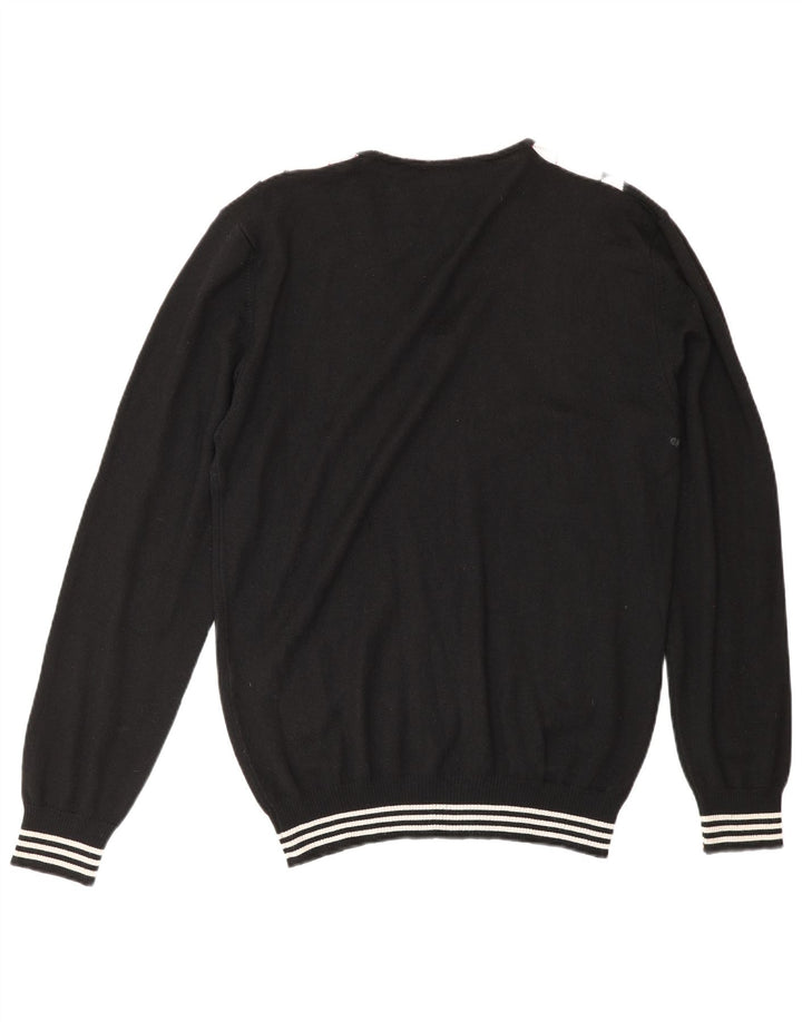 Vintage męski sweter z dekoltem w kształcie litery V, XL, czarna tkanina argyle/diamentowa wełna
