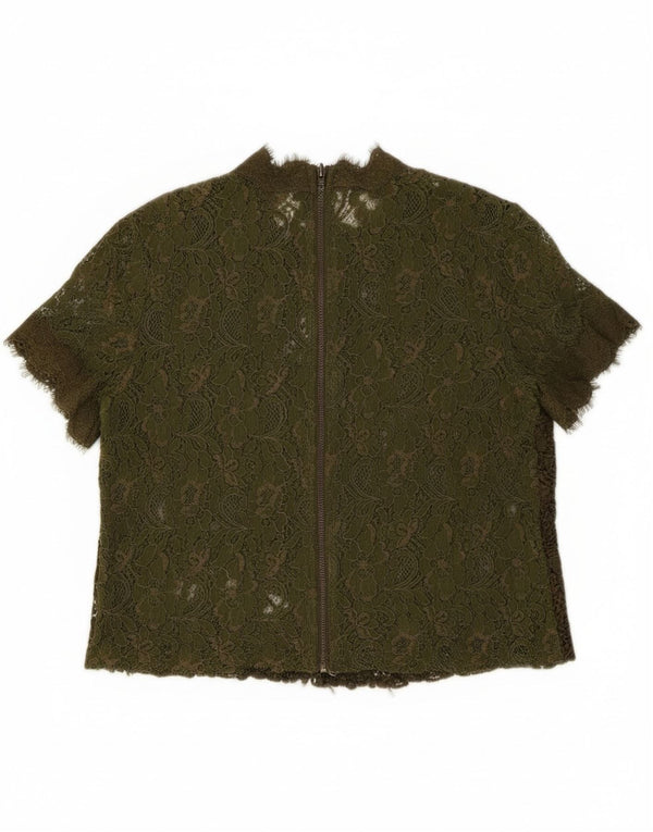 Zara Womens Crop Lace Blouse Top UK 14 Medium Khaki Floral