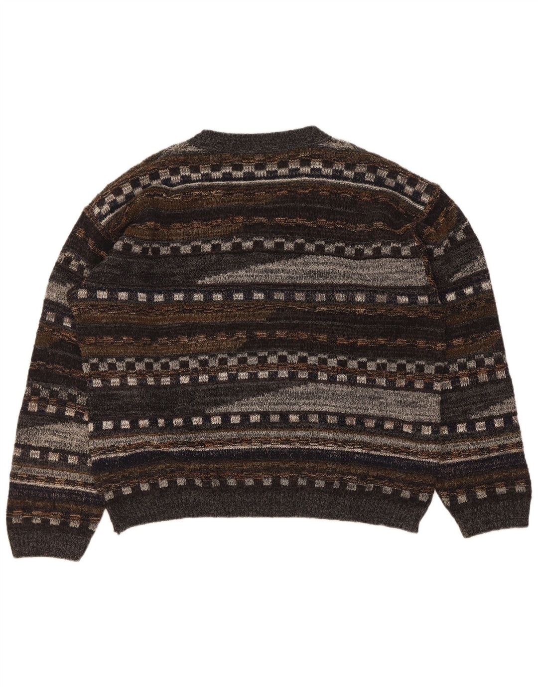 Męski sweter w stylu vintage z dekoltem w szpic, duży, szary, geometryczny, wełniany