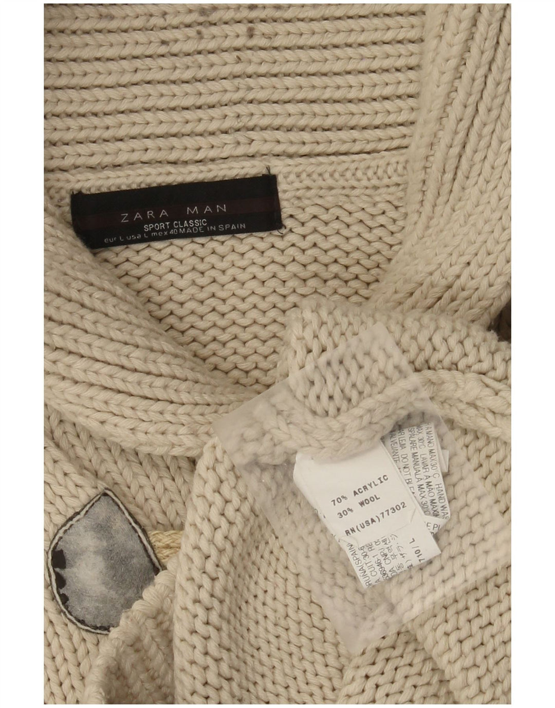 Męski sweter Zara z szalowym dekoltem, duży, beżowy, akrylowy
