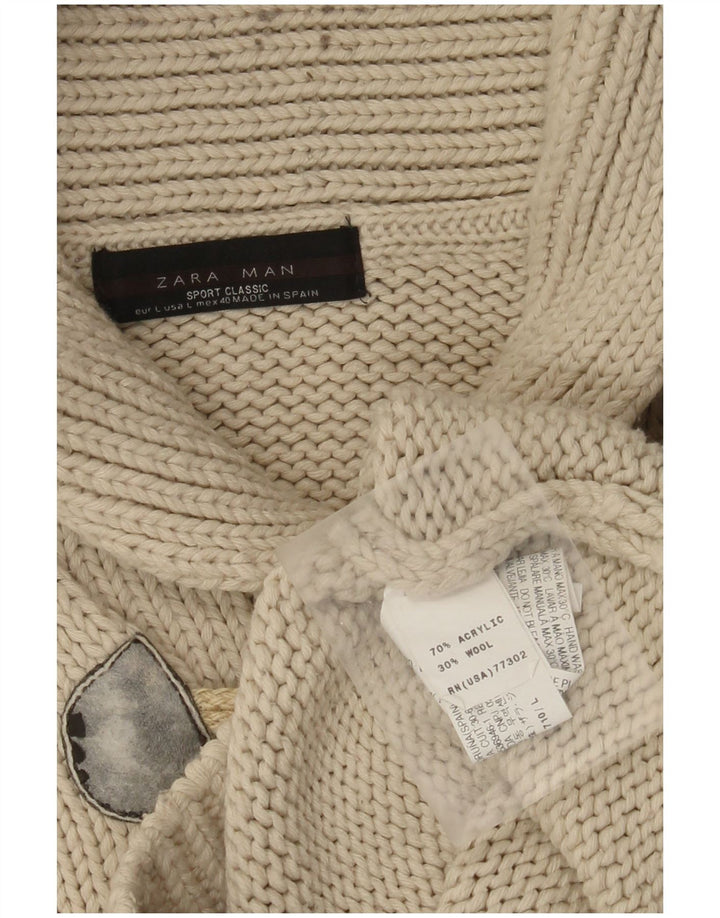 Męski sweter Zara z szalowym dekoltem, duży, beżowy, akrylowy