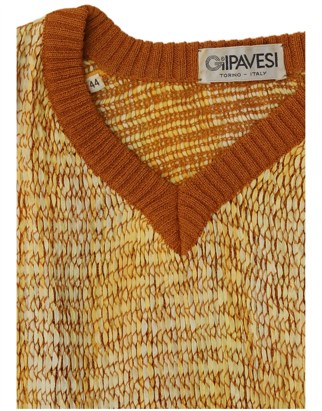 Vintage damski sweter z krótkim rękawem i dekoltem w kształcie litery V IT 44 średni żółty