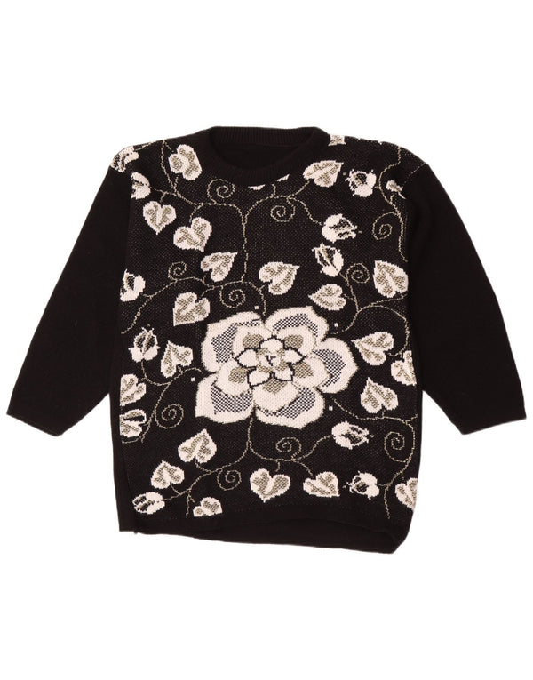 Sweter damski w stylu vintage z okrągłym dekoltem UK 16, duży, czarny w kwiaty