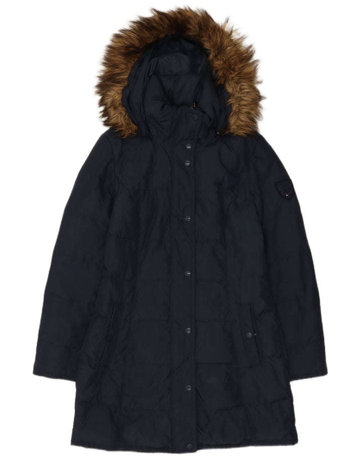 TOMMY HILFIGER Womens Hooded Padded Coat UK 10 Small Navy Blue Polyester
