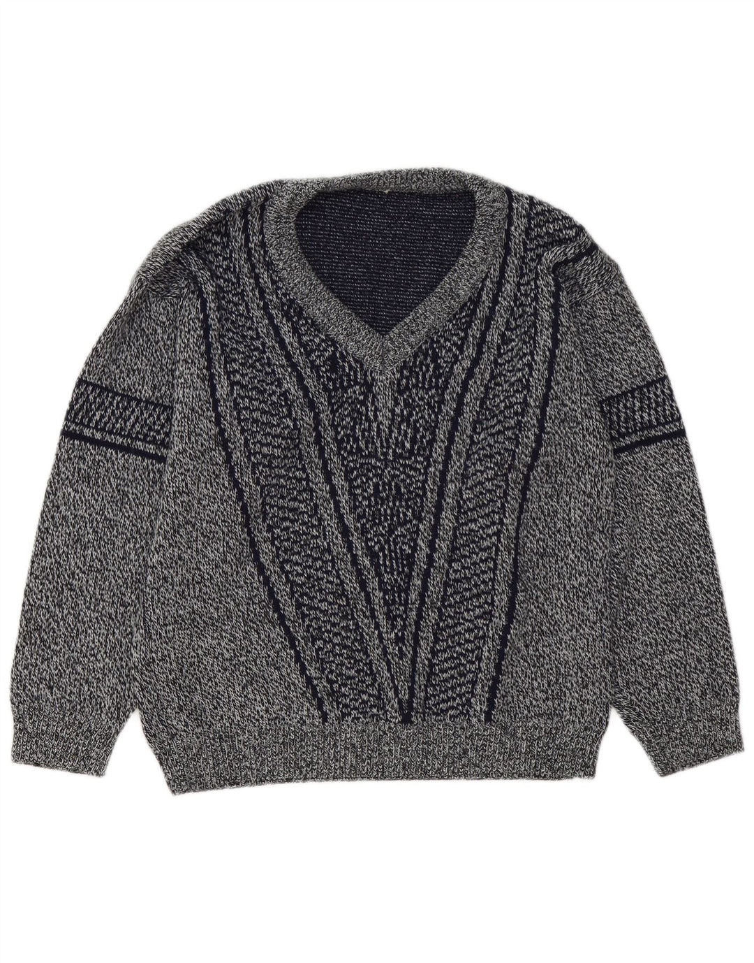 Męski sweter w stylu vintage z dekoltem w szpic, w średnie granatowe paski