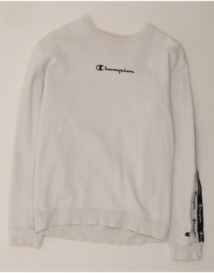 CHAMPION Mens Graphic Sweatshirt Jumper Small White Vintage Champion and Second-Hand Champion from Messina Hembry 