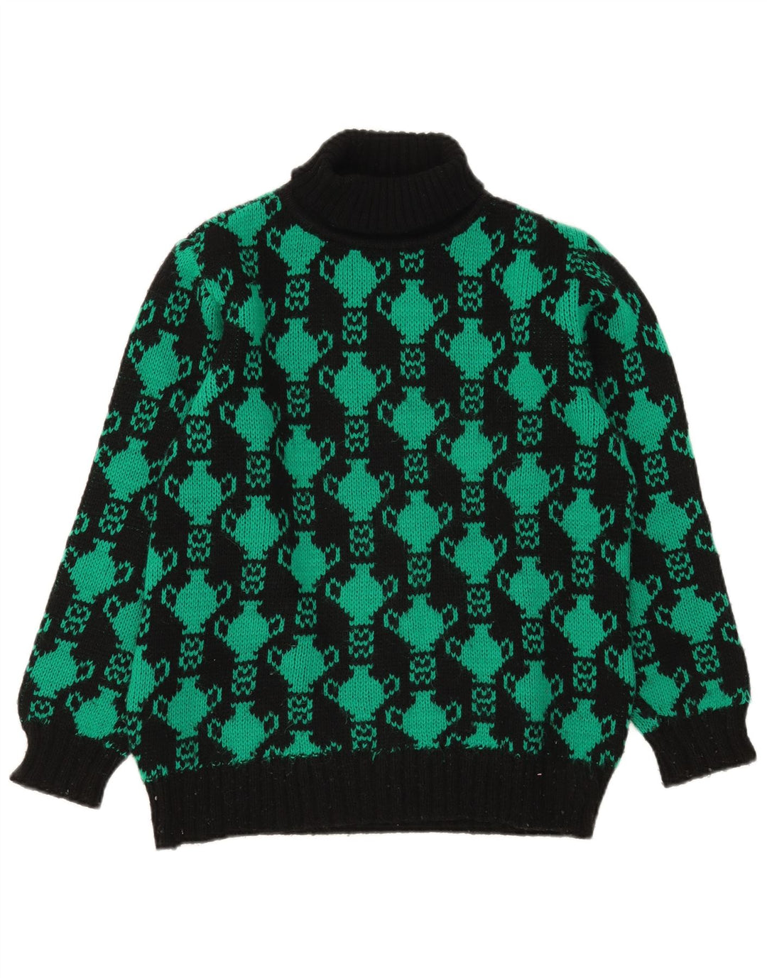 Vintage damski sweter z abstrakcyjnym wzorem i wywijanym dekoltem UK 12, średni czarny