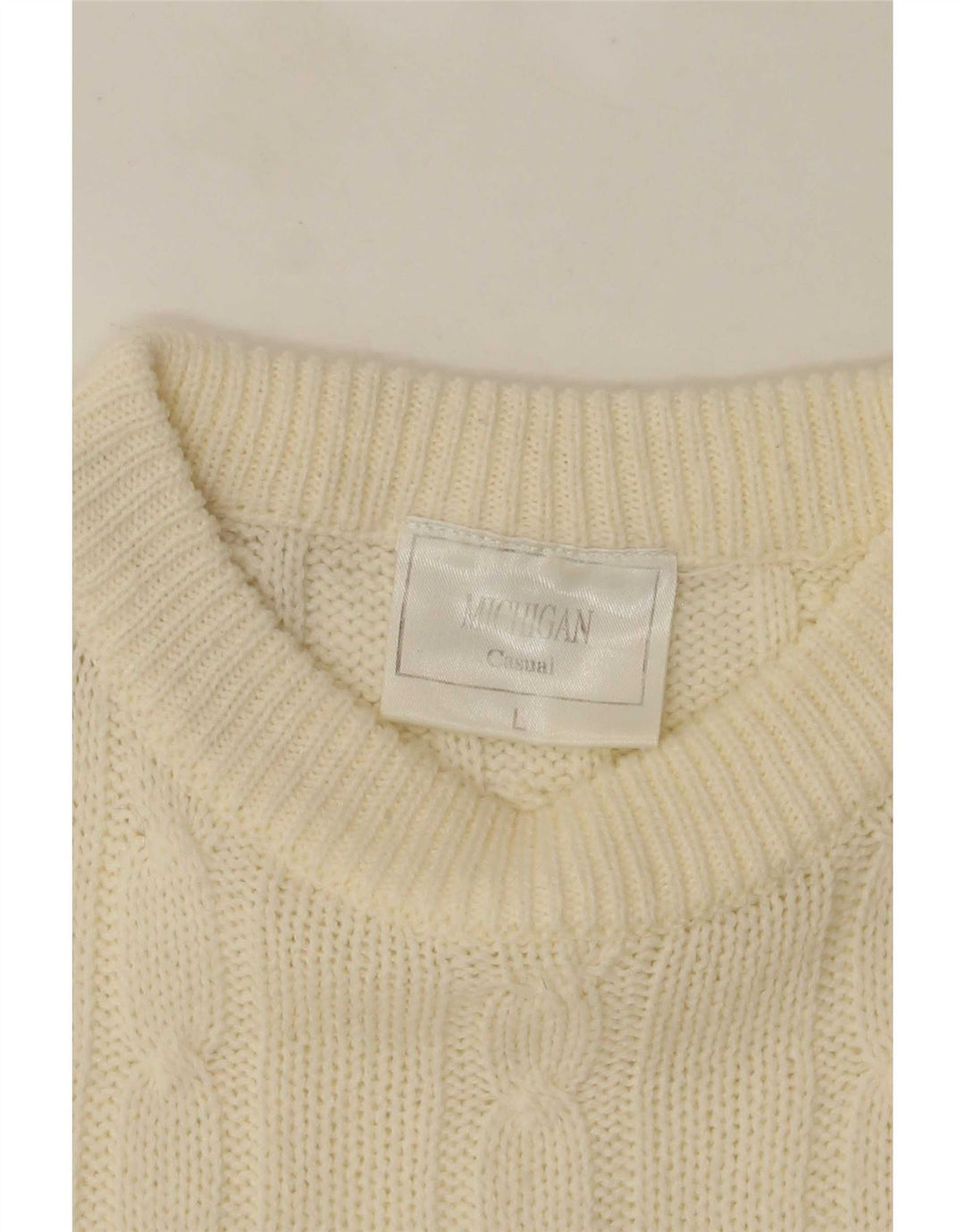 Vintage męski sweter z wycięciem pod szyją, duży, złamany biały akryl