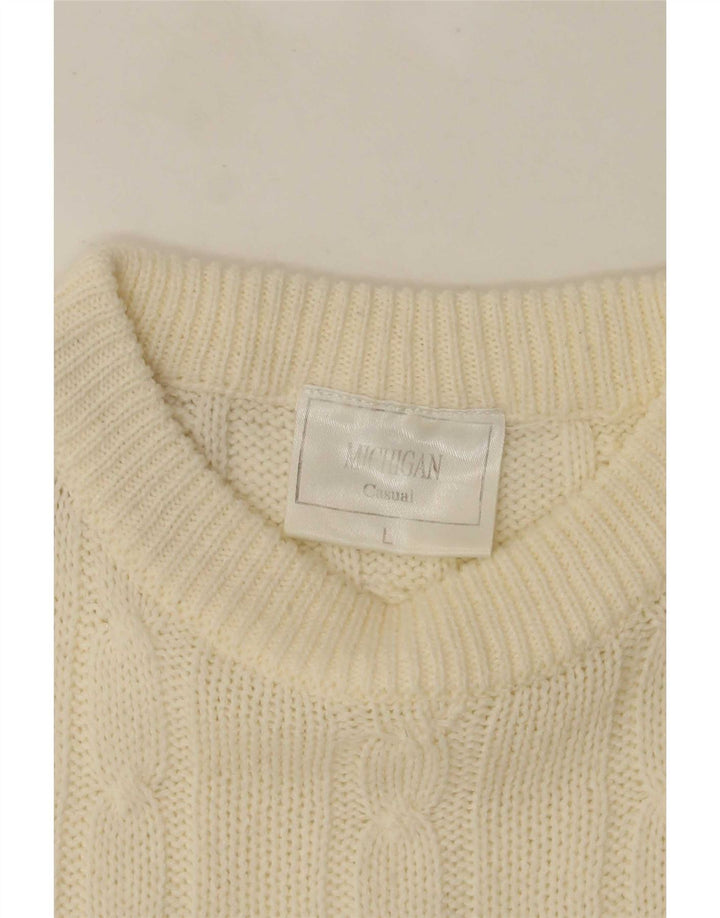 Vintage męski sweter z wycięciem pod szyją, duży, złamany biały akryl